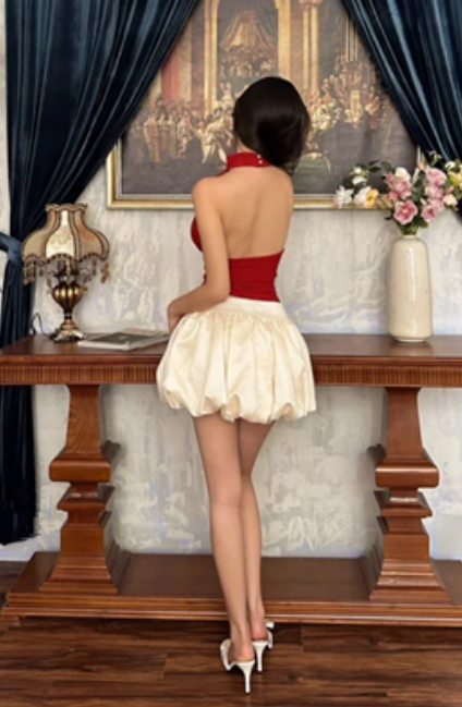 Red halterneck sexy top with bud skirt short skirt homecoming dress R4561