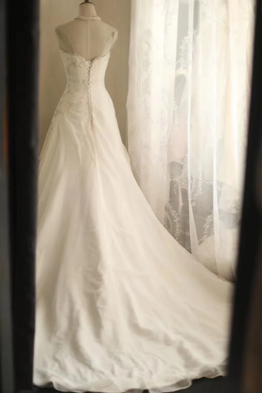 White strapless fitted A-line long ball gown R6780