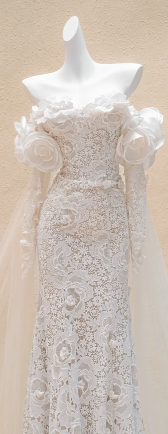 White lace one-shoulder slim waist long dress bridal gown R5748