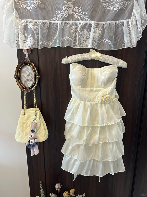 White tube top waist satin cake skirt short skirt homecoming dress R4279