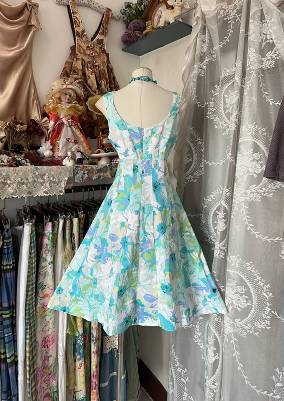 Blue floral print halter-neck A-line short ball gown R6381