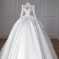 White Long-Sleeve Square-Neck Fitted-Waist Slim-Fit Puffy Hem Long Bridal Gown R5901