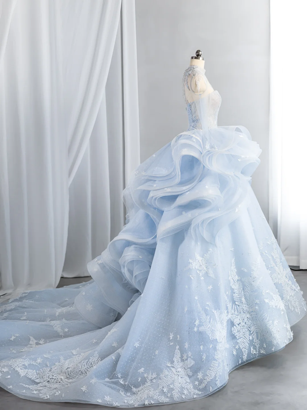 Light blue fitted waist elegant full skirt long ball gown R8436