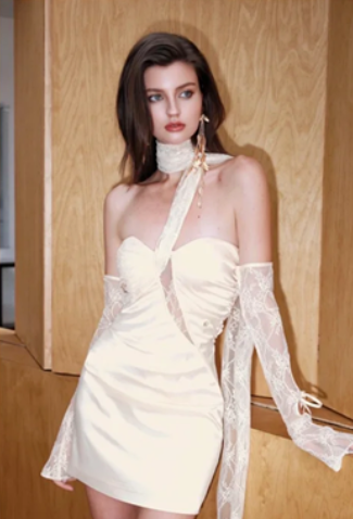 White satin design tube top waist sexy lace design short skirt homecoming dress R4601