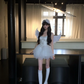 White suspender satin waist slim irregular tulle skirt homecoming dress R5088