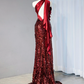 Red, stylishly designed, fitted, long ball gown/bridal dress with a high neckline and cinched waist R9017