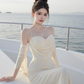 Light apricot halter-neck fitted waist slim hip sexy long ball gown R7540