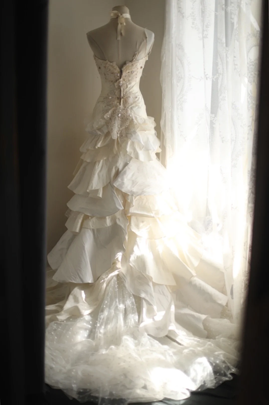 Ivory white strapless beaded fitted waist slim-fitting cake skirt long ball gown R6701