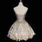 Gold pattern tube top waist slim fit puffy pleated short skirt homecoming dress R4969