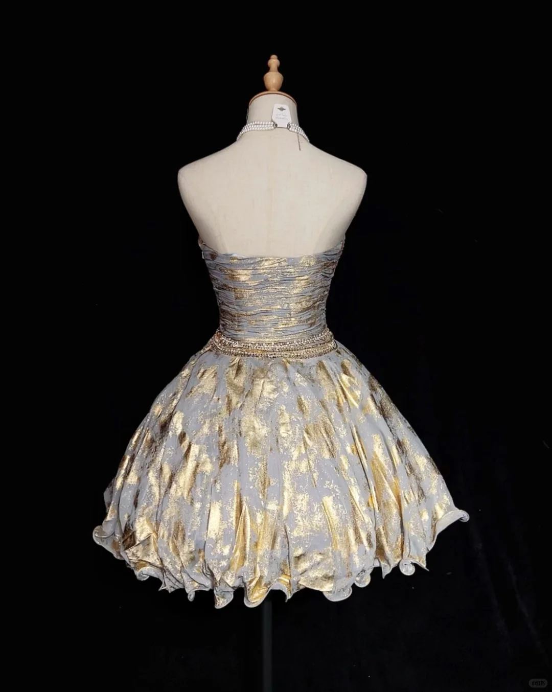 Gold pattern tube top waist slim fit puffy pleated short skirt homecoming dress R4969