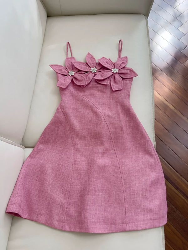 Pink halter neckline 3D flower waist slim A-line short skirt homecoming dress R5231