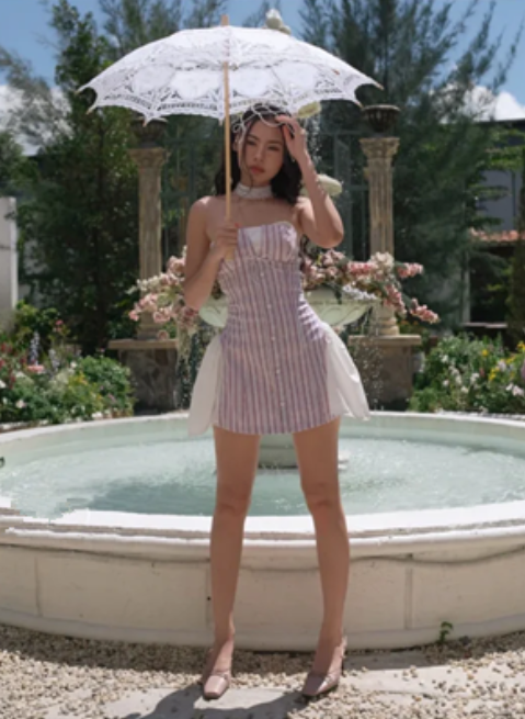 Pink tube top striped waist slim A-line skirt homecoming dress R4641