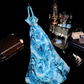 Blue tie-dye halter neck, fitted waist, elegant long ball gown R6940