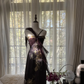 Black halter-neck, gold-print, fitted, mid-length ball gown R7736