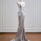 Silver strapless, fitted, bodycon, sexy long ball gown R8154