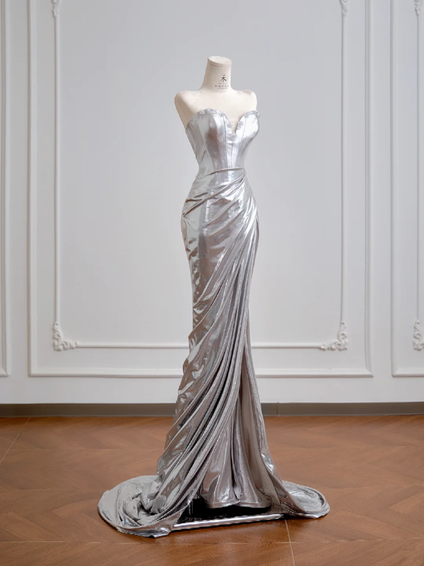 Silver strapless, fitted, bodycon, sexy long ball gown R8154