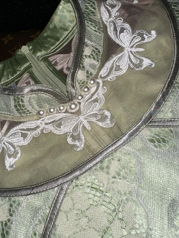 Light green floral print fitted midi ball gown R6859