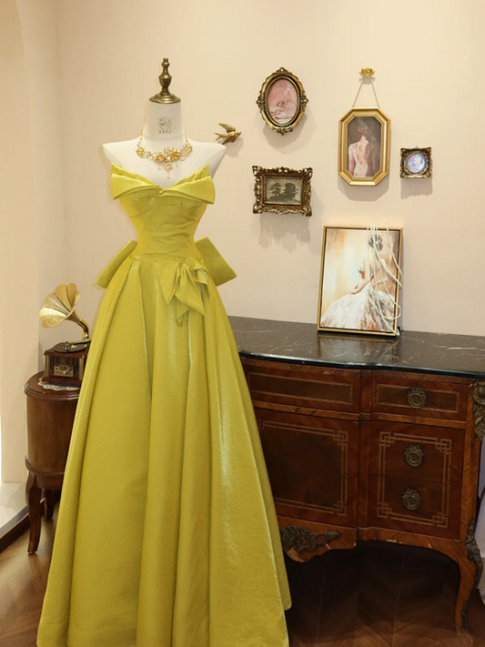 Yellow-green strapless fitted long ball gown, bridal dress R7173