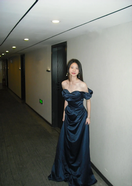 Navy blue one-shoulder slim waist satin maxi ball gown R6102