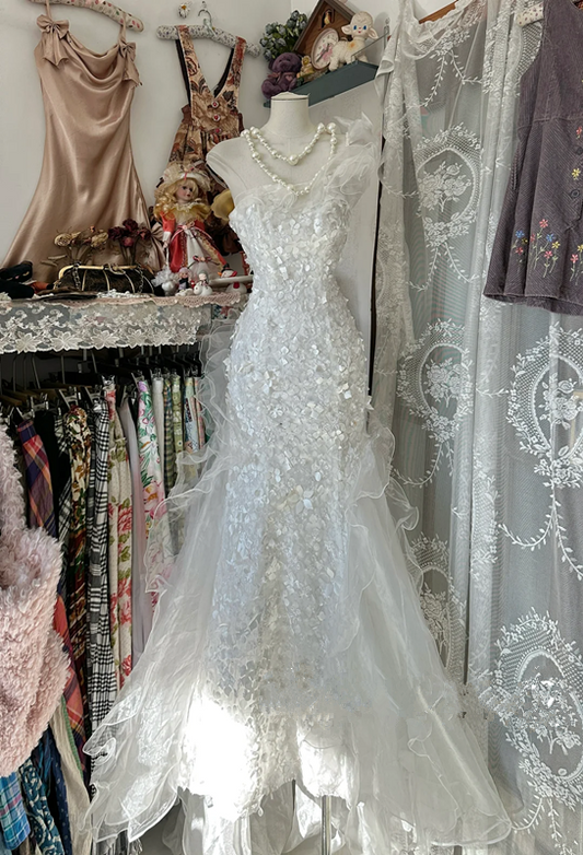 White one-shoulder fitted bodycon maxi dress, ball gown R6261