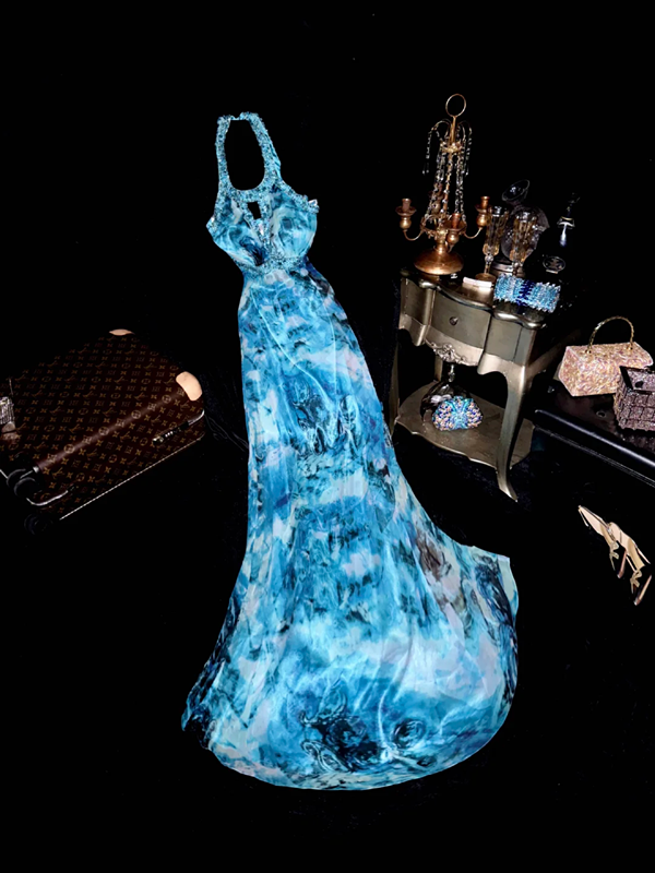 Blue tie-dye halter neck, fitted waist, elegant long ball gown R6940