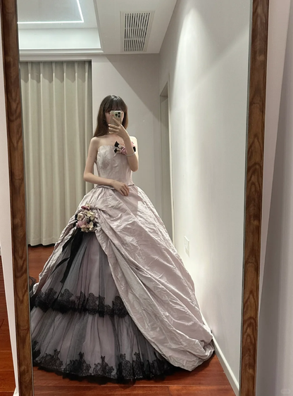 Light pink strapless, fitted waist, full skirt, long ball gown R8837