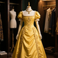 Gold Puff Sleeve Square Neck Slim Waist Sexy Long Skirt Ball Gown R6080