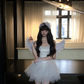 White suspender satin waist slim irregular tulle skirt homecoming dress R5088