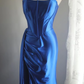 Blue satin halter-neck fitted bodycon long ball gown R6741