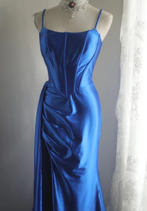 Blue satin halter-neck fitted bodycon long ball gown R6741