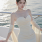 Light apricot halter-neck fitted waist slim hip sexy long ball gown R7540