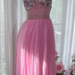 Light pink halter-neck fitted long ball gown R7655