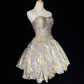 Gold pattern tube top waist slim fit puffy pleated short skirt homecoming dress R4969