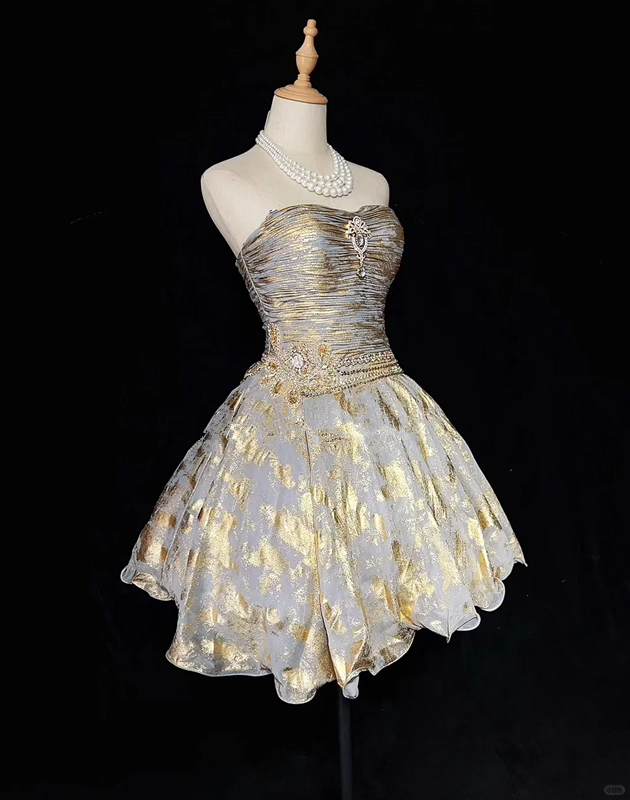 Gold pattern tube top waist slim fit puffy pleated short skirt homecoming dress R4969