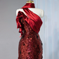 Red, stylishly designed, fitted, long ball gown/bridal dress with a high neckline and cinched waist R9017