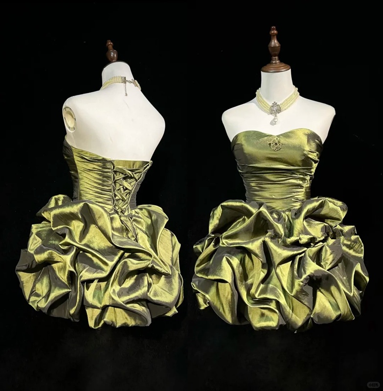 Olive Green Strapless Waist Satin Flower Bud Skirt Homecoming Dress R4928