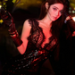 Black sequined sequined long ball gown with a lace neckline, fitted waist, and hip-hugging design R7060