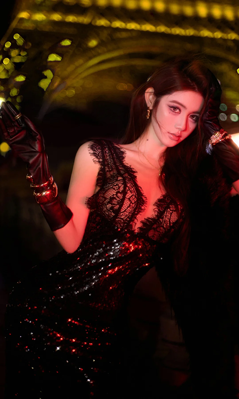 Black sequined sequined long ball gown with a lace neckline, fitted waist, and hip-hugging design R7060