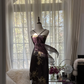 Black halter-neck, gold-print, fitted, mid-length ball gown R7736