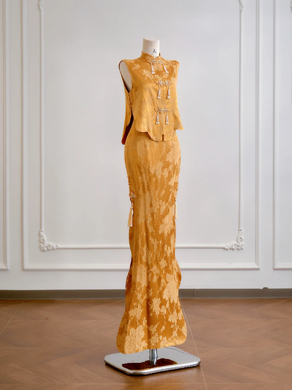 Gold sleeveless fitted waist bodycon skirt suit for prom dress R8175