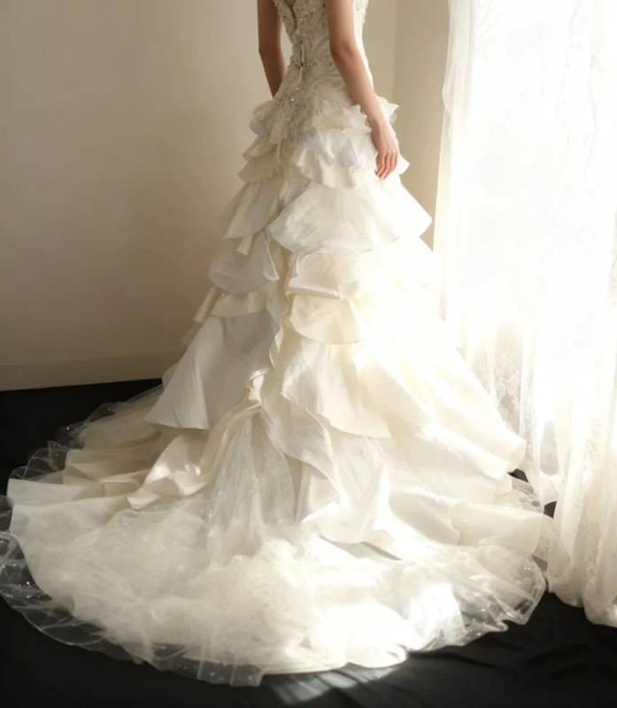 Ivory white strapless beaded fitted waist slim-fitting cake skirt long ball gown R6701