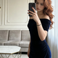 Dark blue off-the-shoulder fitted waist bodycon long ball gown R9047
