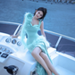 Lake Blue Spaghetti Strap Waist-Cinched Fitted Floor-Length Elegant Prom Dress R7100