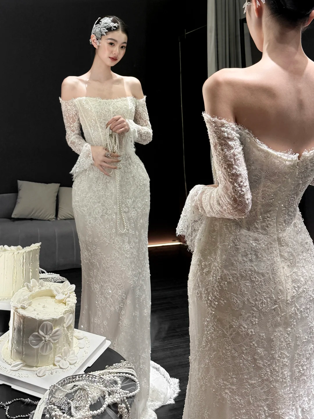 White strapless lace waist slim fishtail skirt floor-length wedding dress R6042