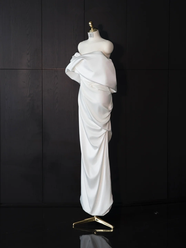 White satin off-the-shoulder fitted long ball gown/bridal dress R8957