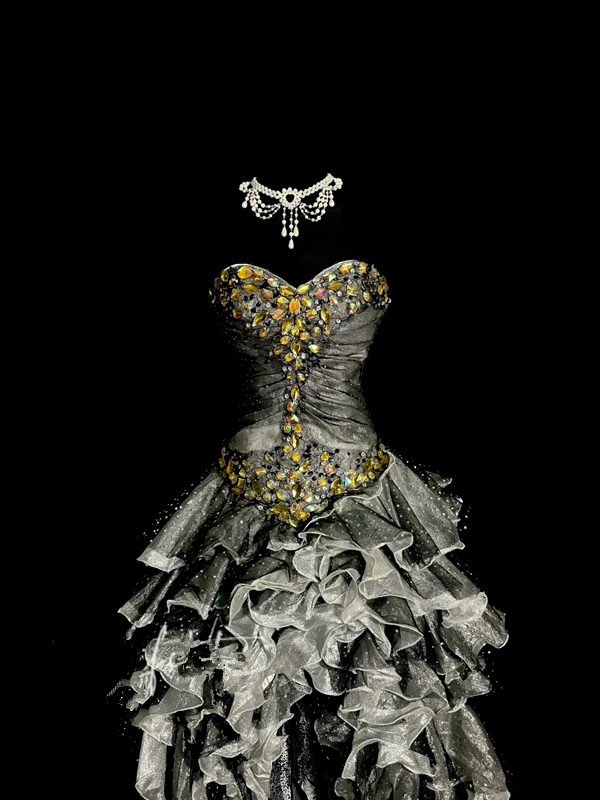 Gray strapless rhinestone-embellished, fitted waist, pleated, tiered skirt, long ball gown R6661