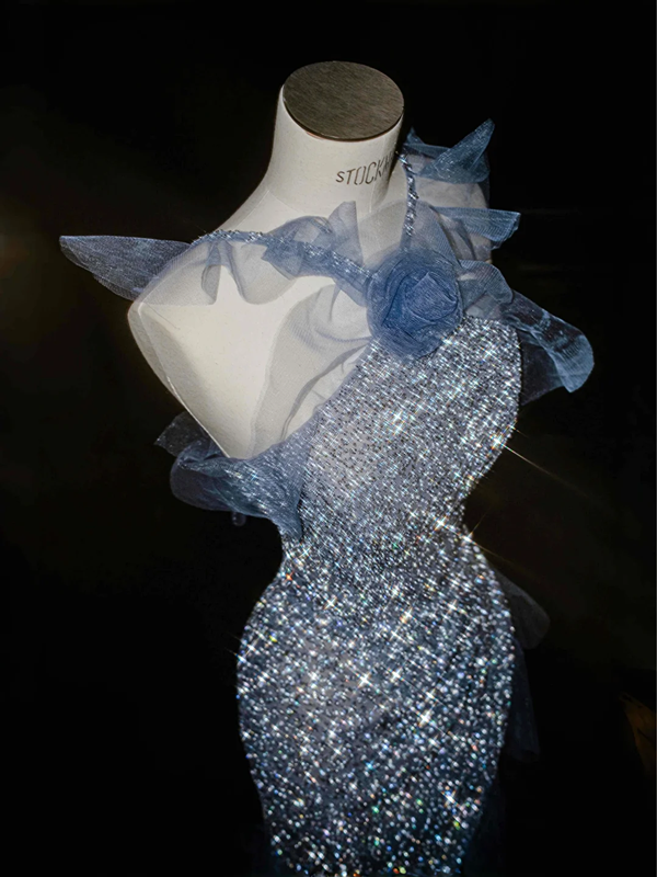 Light blue suspender sequined waist slim hip long skirt, prom dress R5630