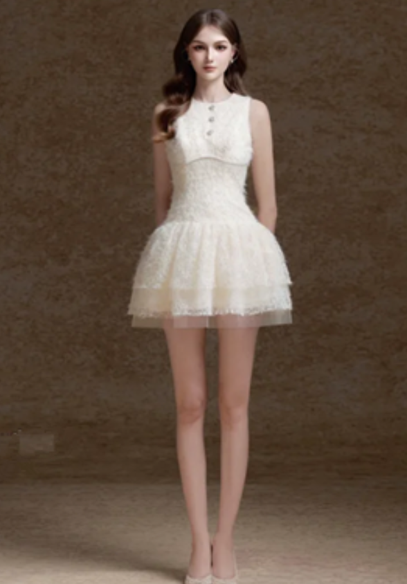 White sleeveless soft waist cute cake mini skirt homecoming dress R4681