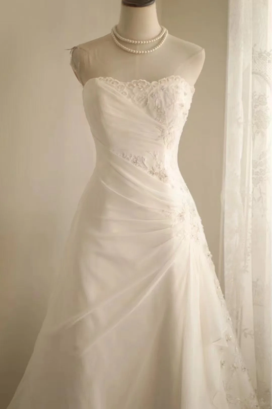 White strapless fitted A-line long ball gown R6780