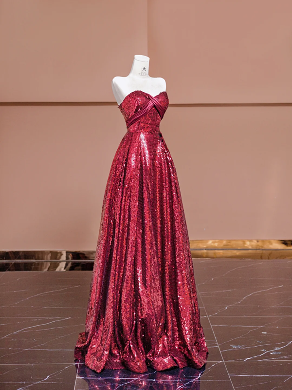 Deep red sequined strapless fitted waist elegant long ball gown, bridal dress R8381